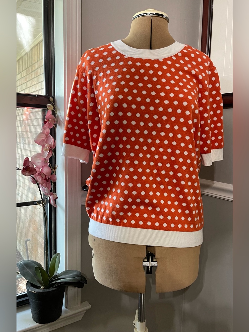 LOFT Orange & White Polka Dot Short Sleeve Sweater